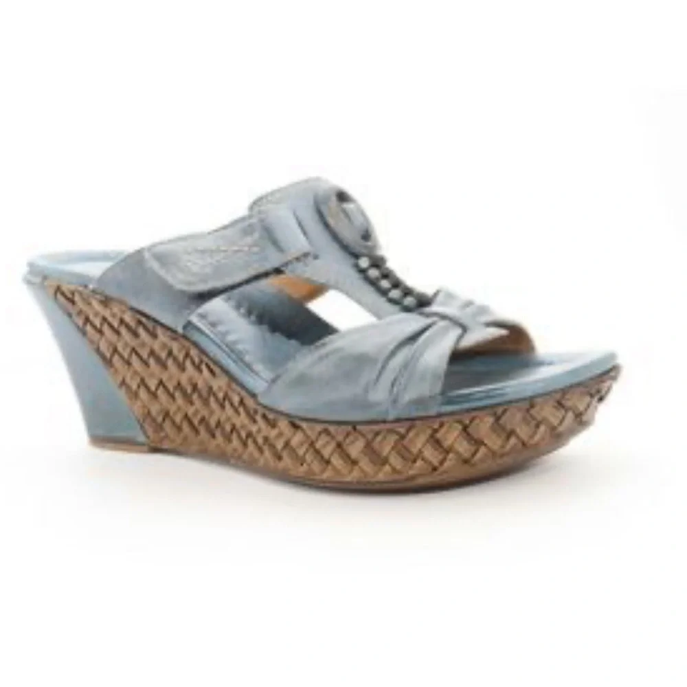 Earth Moraccan Blue Eden Adjustable Beaded Lattice Wedge Sandals Boho EUC 10B